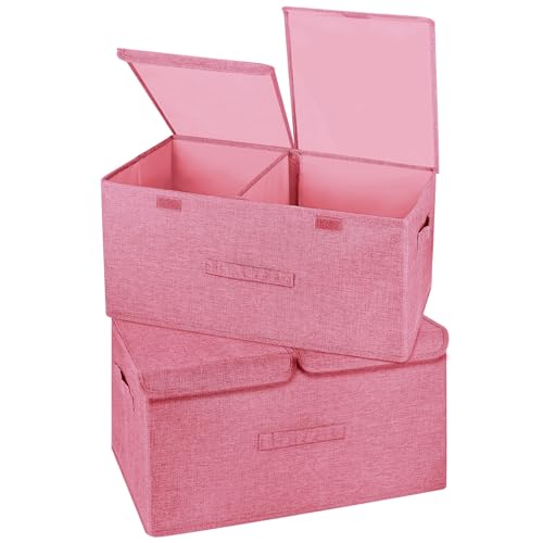 2 Pack Storage Boxes with Lids and Handles, Collapsible Linen Storage Bins Organizer Containers Baskets Cube with Removable Divider for Home Bedroom Closet Office (Pink, Large) - color: Pink, size: Large