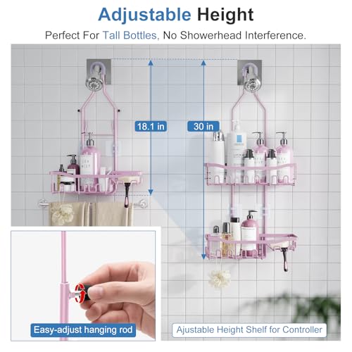 Shower Caddy, Upgraded Extended Length Shower Caddy Over Showerhead No Blocking to Shower Head, Rustproof Shower Organizer with Hooks Shampoo Soap Holder, Bathroom Large Hanging Shower Caddy - color: Pink - 2 Tier - Standard