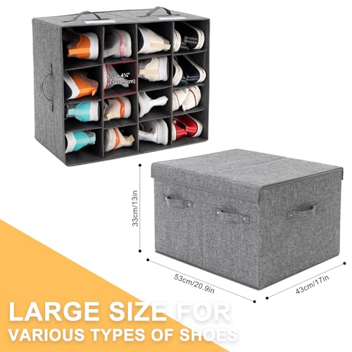 Shoe Organizer for Closet Fits 16 Pairs, Large Shoe Storage Box Bins Containers with Lid and Adjustable Dividers for Shoes, Sneakers and High Heeled, Hard Shell and Stackable (Grey) - color: Grey
