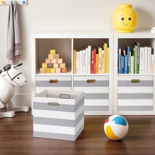11 x 11 x 11 Inch Storage Bins, Collapsible Fabric Cubes, Cubby Organizer Bins Striped Container Baskets for Home Office Wardrobe Closet Shelf, Pack of 4, Gray/White - color: Gray/White, size: 11"x11"x11"