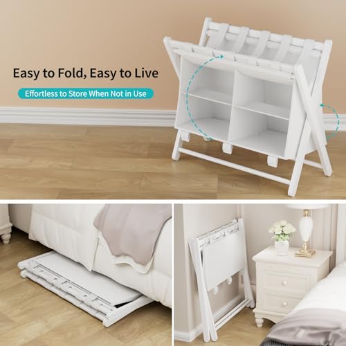 Folding Luggage Rack, 2-Pack White Bamboo Suitcase Stands with 4 Storage Compartments , Sturdy Luggage Holders for Guest Room, Bedroom, Hotel - color: White 2 Pcs