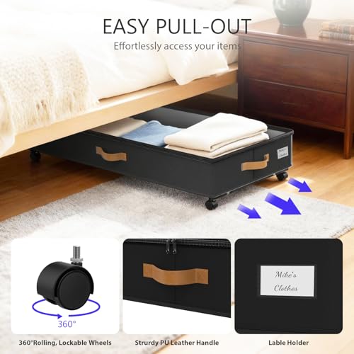 Under Bed Storage with Wheels 2-Pack, 75L XXL Under the Bed Storage Containers Large, 12" Tall Adjustable Storage for Underbed with Lids, Rolling for Clothes, Shoes, Blankets (Black) - color: Black
