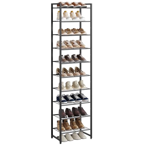Nunsino Narrow Shoe Rack, 10-Tier Metal Shoe Organizer,Tall Shoe Shelf with Anti-Tip Strap, Max Holds 20 Pairs,Space Saving for Closet,Entryway,Black - color: Black, size: 10 Tier
