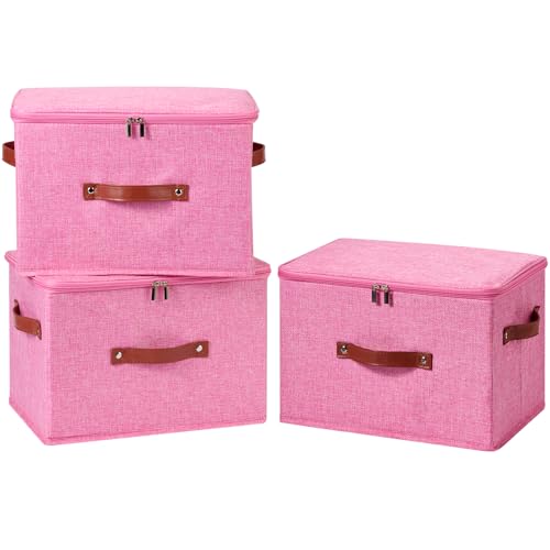 3PCS Storage Bins Boxes with Zippered Lids Cotton Linen Fabric Decorative Basket PU Leather Handles PP Plastic Board Foldable Lidded Clothing Shelf Closet Organizer Container (Pink, Large) - color: Pink, size: Large ( Pack of 3 )