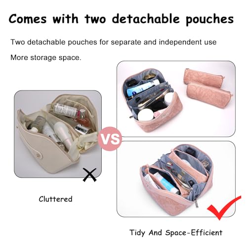 BOYATU Travel Makeup Bags Cosmetic Organizer Bag: 3-Set Large Capacity Make up Bag - PU Leather Toiletry Bags for Women - Wide Open Portable Pouch with Divider & Handle (01-Z-Pink) - color: 01-Z-Pink