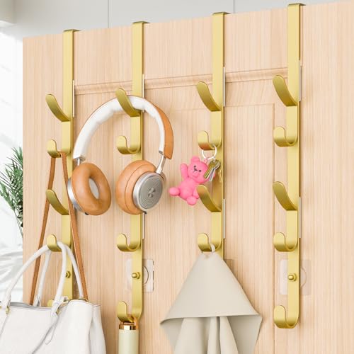 Kaiferty Over The Door Hooks, Metal Door Hooks for Hanging, Over The Door Purse Organizer for Door Coat Hanger, Back of Shower for Hanging Towel Rack Clothes, Hat, Bathroom, Closet (Gold-4Packs) - color: Gold, size: 4 Pack