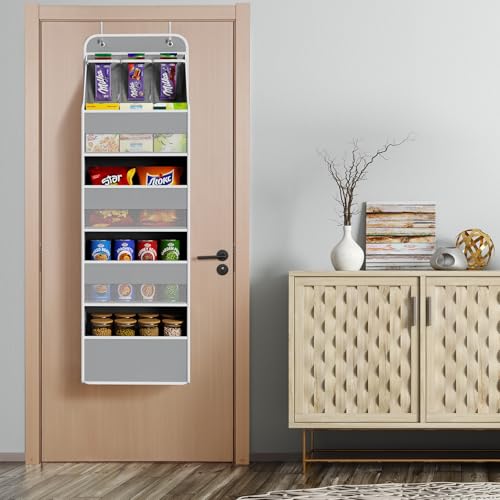 Univivi 5-Shelf Space Saving Door Storage Over Door Hanging Organizer with 4 Large Capacity Roomy Pockets Closet Cabinet Wall Mount Hanging Easy Install Storage Organizers for Baby Nursery (Grey) - color: Grey, size: 5 LAYER