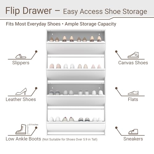 Shoe Cabinet with 4 Flip Drawers, Slim Metal Wall-Mounted Shoe Storage Organizer for Entryway, Hallway, Mudroom, Hidden Narrow Rack, White - style: 4 Flip Drawers