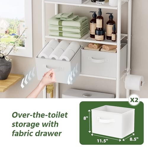 Simple Trending Over The Toilet Storage Rack with Drawers, Metal 3 Tier Bathroom Organizer Shelf with Paper Holder and 3 Hooks, White - style: 3 Tier White-Drawers