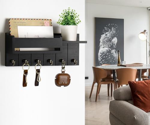 RelaxScene Key Holder Wall Mount - Decorative Key Rack and Mail Organizer with 6 Key Hooks - Wooden Key Hanger with Shelf for Living Room Decor - Rustic Farmhouse Home Entryway Aesthetic Essentials - color: Black, size: M(12''x4.8'')