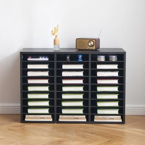 VEVOR Literature Organizer, 27 Compartments Office Mailbox with Removable Shelves, Wooden Mailbox Sorter Particle Board Office Home Classroom Storage, File Sorter for Files, Documents, Papers, Black - color: Black, size: 27 Compartments