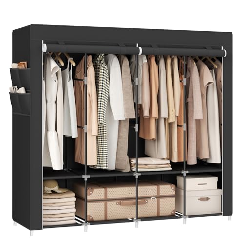 SONGMICS Portable Closet, Wardrobe Closet Organizer with Cover, 4 Hanging Rods and Shelves, 4 Side Pockets, 17.7 x 66.9 x 65.7 Inches, Large Capacity for Bedroom, Living Room, Ink Black URYG094B02 - color: Ink Black, size: 4 Tiers（66.9"L）