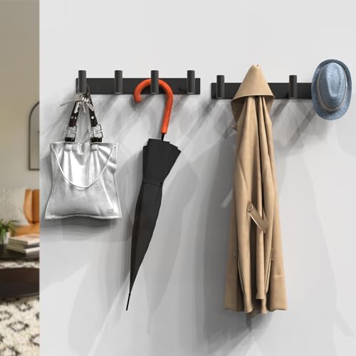 VAEHOLD 2PACK Hat and Coat Wall Mount Rack - 4 Hooks for Robes, Bags, Keys, and Towels - Bathroom Towel Hanger Organizer -Black - color: Black, size: “T“ Shape 4 Hooks 2 Pack
