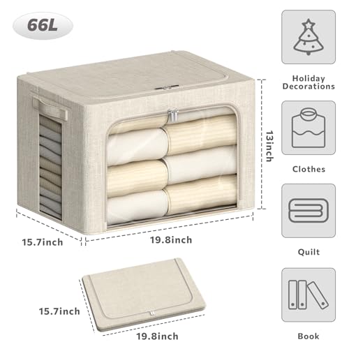 4 Pack Clothes Storage Bins with Metal Frame - 66L Stackable Storage Box with Lid，Foldable Storage Container Organizer for Clothes，Linen Fabric Storage Box with Clear Window＆Zippers＆Handles - color: Beige, size: 66L