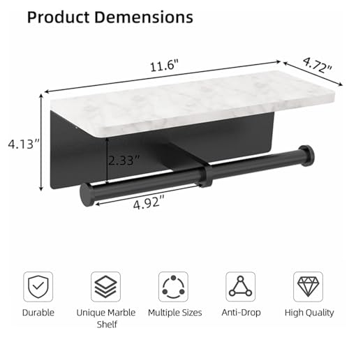Toilet Paper Holder with Natural Marble Shelf for Bathroom Washroom,Wall Mounted Tissue Holder Suitable for Mega Roll (Matte Black, Large 11.8 * 4.7) - color: Matte Black, size: Large 11.8 * 4.7 in