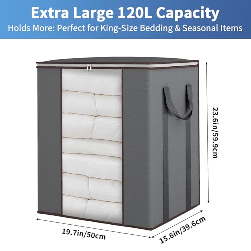 Fixwal Extra Large Blanket Storage Bags 120L Comforter Storage Bags with Reinforced Handles Breathable Clothes Storage Containers for King Comforter Bedding Pillow Sheet Grey - color: Grey, style: 1pcs