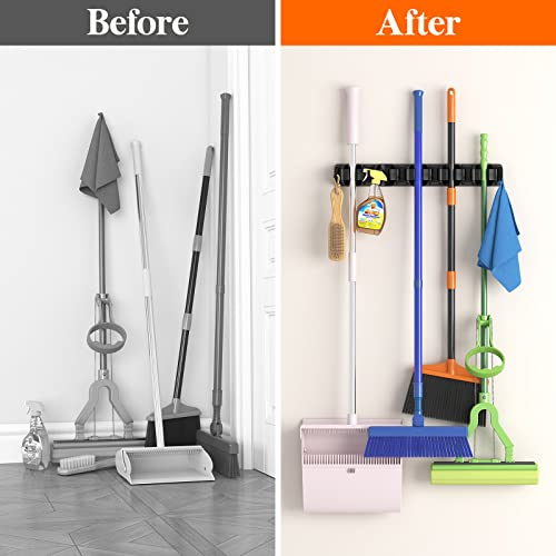Lifewit Mop and Broom Holder Wall Mount, Anti-Slip Broom Hanger for Cleaning Supplies Organizer, Easy Install Tool Hanging Rack for Closet, Kitchen, Garage, 5 Slot 6 Hooks, Hold 30lbs, Black, 1 Pack - color: Black