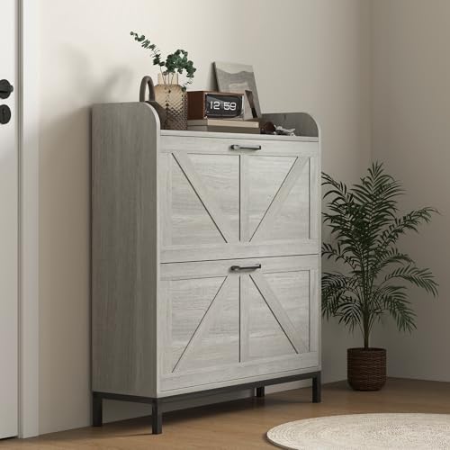HOMCOM Shoe Storage Cabinet with 2 Flip Drawers, Legs, Farmhouse Freestanding Narrow Shoe Cabinet, Slim Hidden Rack Organizer for Entryway, Hallway, Light Gray Wood Grain - color: Light Gray