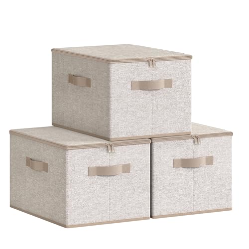 SONGMICS Foldable Storage Organizer Boxes, Set of 3 Storage Basket Bins with Lids, Handles, Clothes Organizer, 15.7 x 11.8 x 9.8 Inches, Non-Woven Fabric, Summer Sand URZB003K01 - color: Summer Sand, size: 3 Pack (15.7''L x 11.8''W x 9.8''H)