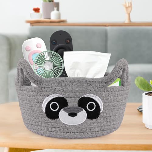 Small Storage Basket for Nursery, Raccoon Storage Basket, Round Woven Rope Cotton Storage, Baby Blanket 0rganizer with Ears Handles, Animal Blanket Towel Decor Storage Bins, 8.2"D x 4.7"H in - color: Grey, size: 9"D × 5 "H