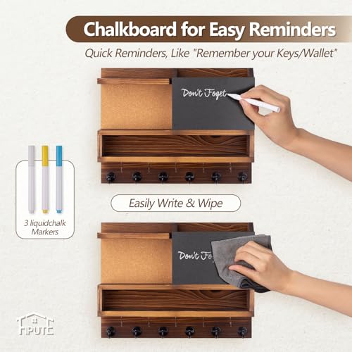 Key Holder for Wall Mount with Mail Organizer, Farmhouse Key Holder for Wall with Shelf, Chalkboard&Corkboard, Entryway Organizer 11 Metal Hooks, Decorative Natural Pine Wood, 14.6*11.1*3.3”, A-Brown - color: Brown-A