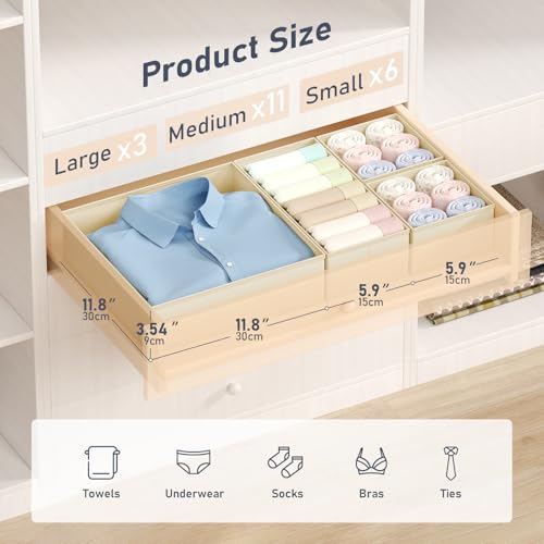 DIMJ Drawer Organizer Clothes - 20 Pack Closet Drawer Organizer Bins for Baby Clothes Storage, Fabric Dresser Organizer for Nursery Bedroom, Foldable Small Drawer Dividers for Underwear Socks - color: Beige, size: 20 Pack