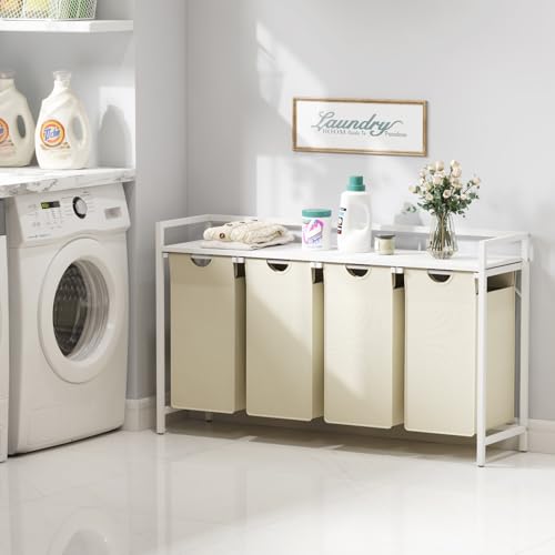 Lifewit Laundry Hamper 4 Section, 168L Pull out Laundry Clothes Basket Organizer with Large Top Shelf and 4 Removable Bags and Handles for Laundry Room Bedroom Bathroom, White with A Shelf - color: White, style: Laundry hamper with a shelf