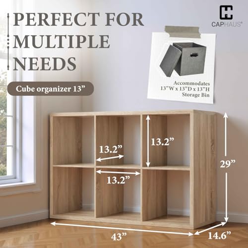 CAPHAUS Sturdy Room 13-Inch Cube Storage Organizer Shelf, with Extra Thick Exterior Edge, Open Storage Shelf Divider, Bookcase, 6-Cube, Natural Oak - color: Natural Oak, size: 6 Cube