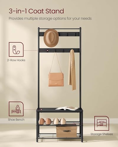 VASAGLE Coat Rack, Hall Tree with Shoe Storage Bench, Entryway Bench with Shoe Storage, 3-in-1, Steel Frame, for Entryway, 12.6 x 27.6 x 68.9 Inches, Industrial, Charcoal Gray UHSR041B01 - color: Charcoal Gray, size: 27.6"W