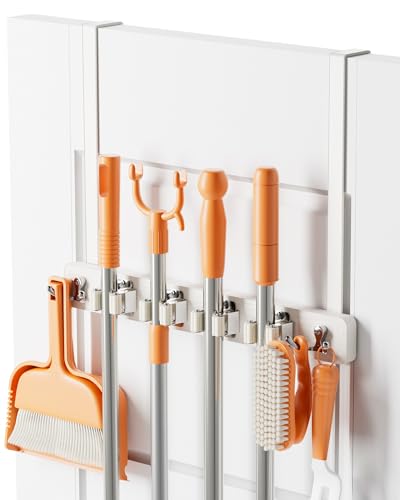 Mop and Broom Holder Wall Mount, No Drill Over the Door Broom and Mop Holder with 4 Slots and 4 Hooks, Wood Tool Hanger for Laundry, Cabinet, Kitchen, Garage - color: White