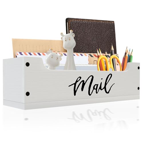 White Wooden Mail Organizer Countertop - Mail Organizer Wall Mounted, Office Mail Holder, Desktop Mail Basket for Counter, Letter Holder Box for Home Office Decor (White +Black Mail, 3.15") - color: White & Black