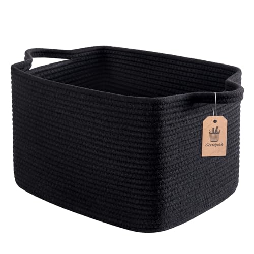 Goodpick Woven Storage Baskets for Organizing, Cotton Rope Organizer for Living Room Bedroom, Black Laundry Basket with Handles, Stylish Gift Baskets for Baby Boys, 13"x10"x9" - color: All Black, size: 13"L x 10"W x 9"H