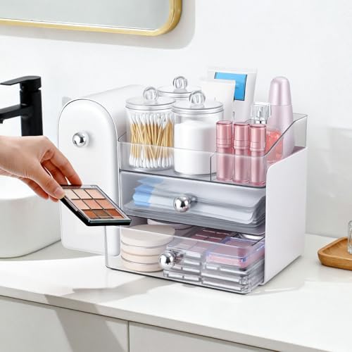 Makeup Organizer,Vanity Organizer with Makeup Brush Holder,Large Skincare Organizers with Drawers,Bathroom Countertop Organizer,Storage Lipstick,Perfume,Nail Polish,Beauty,Mothers Day Gifts - color: White