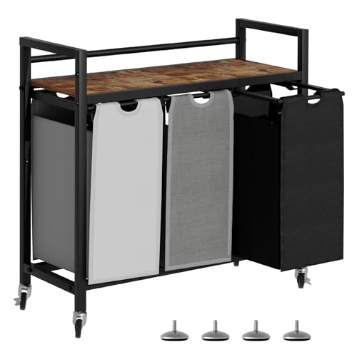 SwaaVee Laundry Hamper, Laundry Basket, Laundry Sorter with 3 Removable Bags, Clothes Basket with 3 Compartments, Wheels, Shelf for Laundry Room Bathroom Bedroom (3 Bags-Black Grey White) - color: 3 Bags-Black Grey White