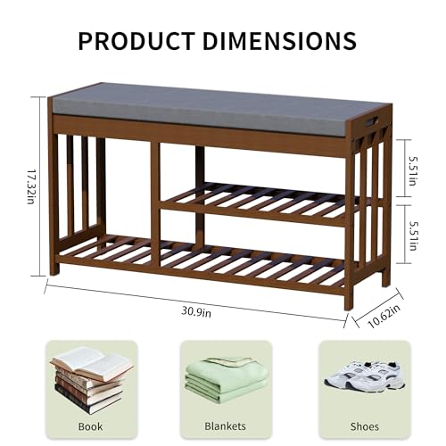 Shoe Rack Bench with Cushion,2 Tiers Shoe Bench with Flip-Top Storage,Wood Shoe Rack for Entryway, Hallway, Bedroom, Front Door Entrance (Brown) - color: Brown