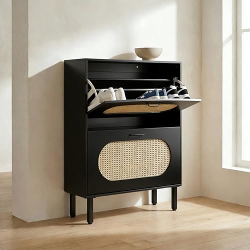 SUNCROWN Shoe Storage Cabinet with 2 Flip Drawers, Freestanding Narrow Shoe Rack Organizer for Entryway, Natural Semi-Circular Rattan Doors with Adjustable Shelves, Black - color: Black, size: Style A