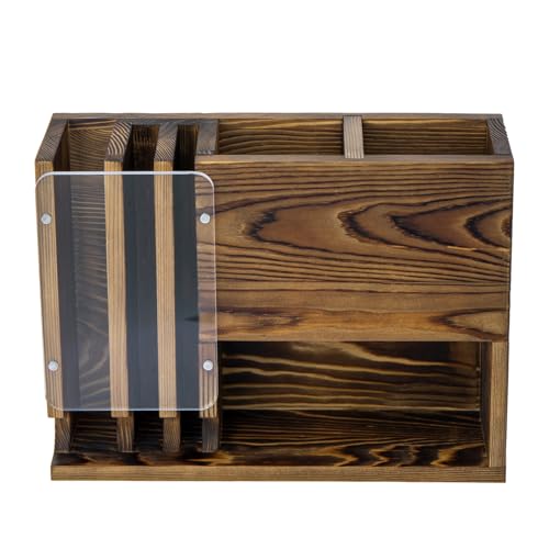 MyGift Wall-Mounted Remote Control Holder with Battery Storage Organizer, 2 Slot TV Remote Caddy, Rustic Burnt Wood, for Office, Home