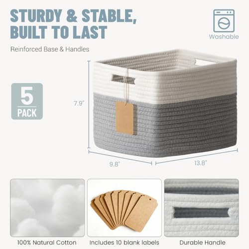 5 Pack Woven Storage Baskets for Shelves, Decorative Basket Closet Organizer Storage Bins for Clothes, Books, Pantry, Bathroom – Cotton Rope Shelf Baskets for Organizing and Decor, Gray & White - color: Gray & White