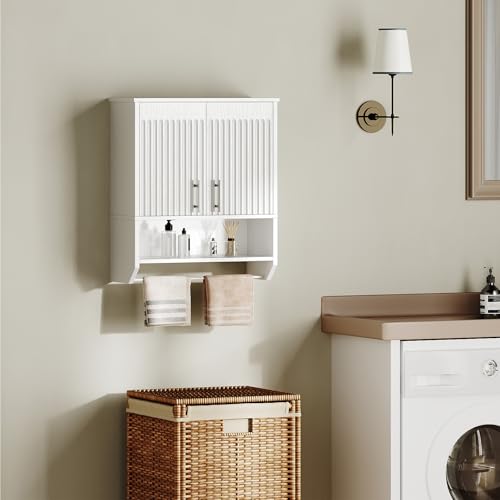 HOOBRO Fluted Bathroom Wall Cabinet, Farmhouse Medicine Cabinet with 2 Fluted Doors, Wall Storage Shelf with Towel Rack, Adjustable Shelf, for Small Spaces, Bathroom, Kitchen, White - color: White, size: 15.7"L x 7.9"W x 22.4"H