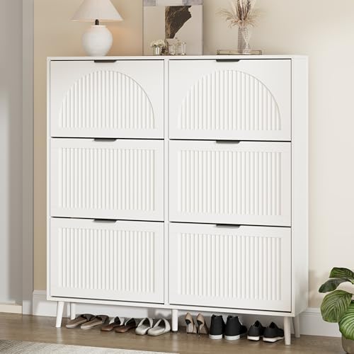 Shoe Storage Cabinet with 6 Flip Drawers, Narrow Wood Shoe Organizer Cabinet with Fluted Panel, Slim Shoe Rack for Entryway, Freestanding Shoe Cabinet for Living Room, Hallway, White - color: White, size: 6-Drawers