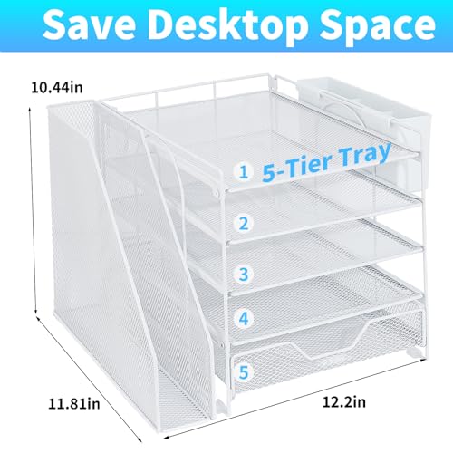 Desk Organizer, 5-Tier Paper Letter Tray Organizer with File Holder, Drawer and Pen Holder, Desktop Organizer for Office Supplies, White - color: White