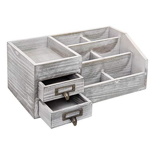 Distressed Rustic Wooden Office Desktop Organizer Wood Shelf Tabletop Home Organizer Storage with Multiple Compartments 2 Tier Drawers,perfect Jewelry storage Display Box for Desk, Vanity (gray) - color: gray