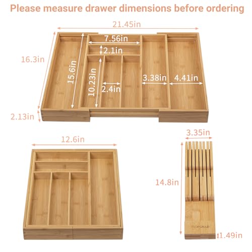 TIOPGHAD Bamboo-Silverware-Drawer-Organizer-Kitchen, Expandable Utensil Holder Cutlery Tray Flatware Organization Adjustable Wood Tableware Dividers Storage (with Removable Knife Block)(Natural) - color: Natural, size: Large