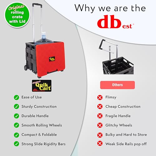 dbest products Quik Cart Collapsible Rolling Crate on Wheels for Teachers Tote Basket 80 lbs Capacity, Made from Heavy Duty Plastic and used as a Seat, Standard, Red - color: Red, style: Standard