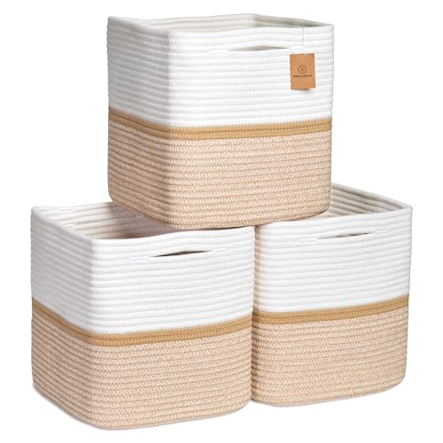 NaturalCozy Storage Cubes 11 Inch Cotton Rope Woven Baskets for Organizing, 3-Pack | Cube Storage Bin | Square Storage Baskets for Shelves Organizer, Classroom, Kids Toy Bins, Closet, Baby Nursery - color: Off White & Tan Brown & Mixed Tan Brown