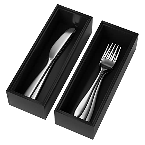 Premium Bamboo Kitchen Drawer Organizer - Set of 2, Stackable Utensils Holder, Storage Box Tray for Kitchen Drawers, Cabinet, Utensil, Silverware, Spatula, Flatware or Makeup, Vanity, Bathroom(Black) - color: Black, size: 9 x 3 x 2 Inch