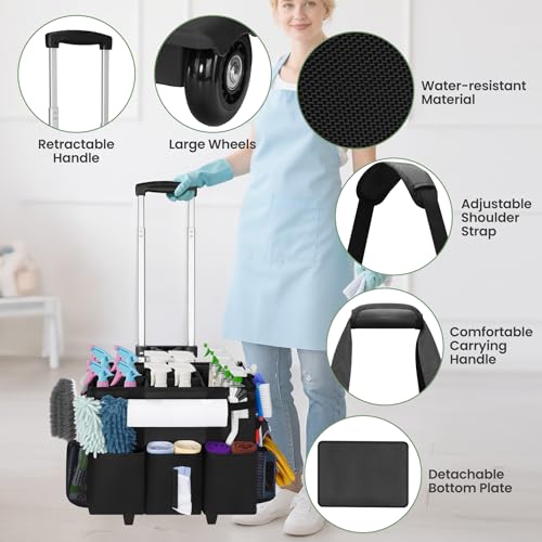 Large Rolling Cleaning Caddy with Detachable Trolley, Cleaning Supply Organizer Bag with Wheels & Multi-Pockets, Water-Resistant Cleaning Cart on Wheels for Housekeeping, Cleaner