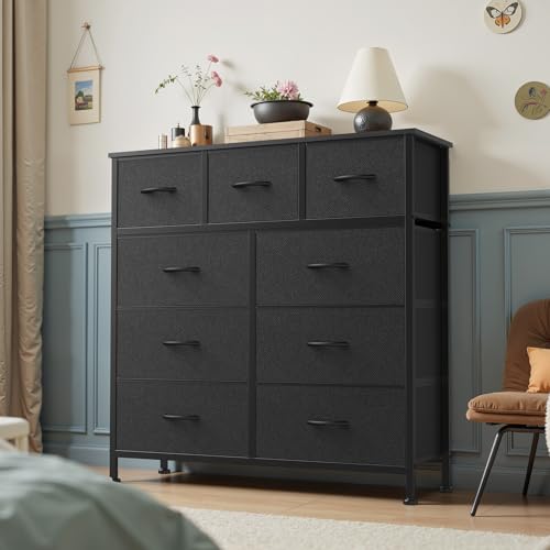OLIXIS 9 Drawer Storage Dresser with Wood Top - Wide Fabric Chest Organizer for Bedroom, Closet, Living Room,Tower Cabinet, TV Stand, Hallway Entryway Furniture,Carbon Black - color: Black, size: 11.8"D x 39.6"W x 39.4"H (9 Drawers)
