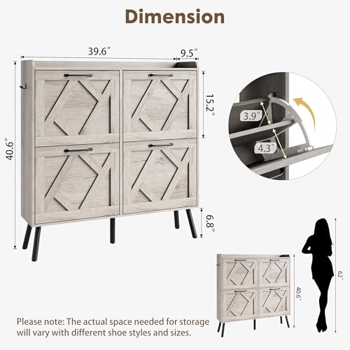 Nicetree Shoe Cabinet with 4 Flip Drawers, Freestanding Shoe Organizer Cabinet, Farmhouse Narrow Shoe Storage Cabinet for Entryway, Foyer, Hallway, Gray - color: Grey, style: 4-Drawers