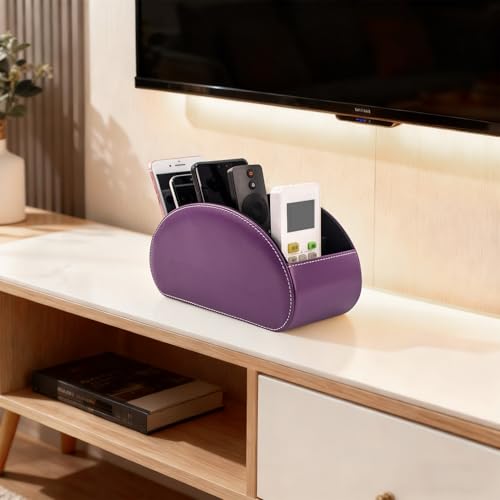 Remote Control Holders Organizer Box with 5 Compartment PU Leather Multi-functional Office Desk Storage Caddy Store Tv Remote for Media Player,Brush,Pencil,Glassees&Office Supplies (Dark Purple) - color: Dark purple, size: M